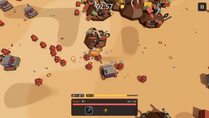 A swarm of red scrap bots closes in on the player; damage numbers float above them.
