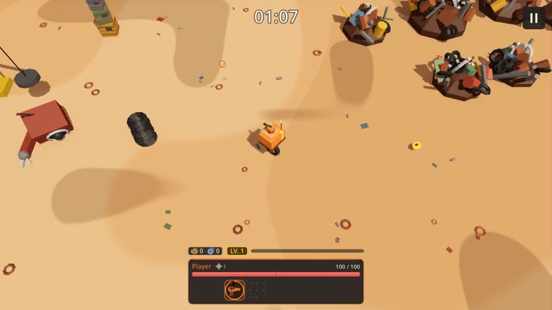 A unicycle robot early in a match, next to a magnet crane and a pile of tires.