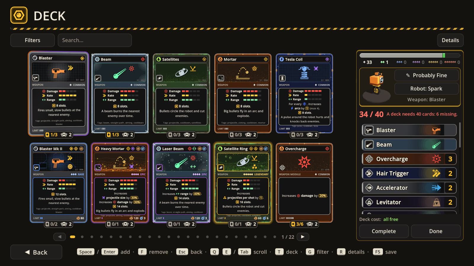 The deck editor: a grid of cards, filters, and the deck list with 35 of 40 cards.