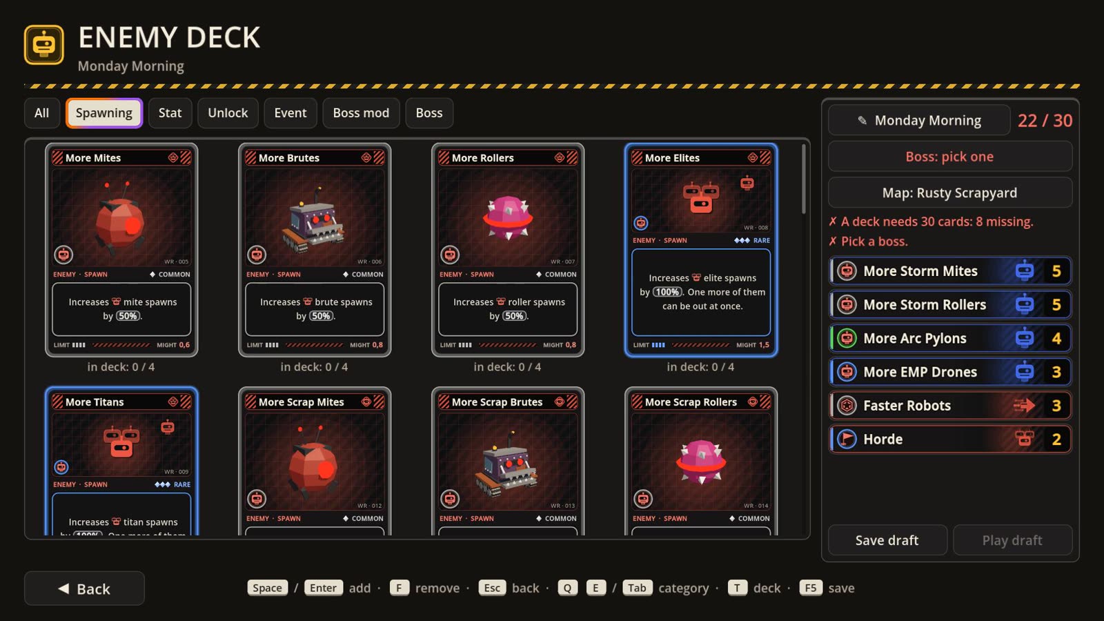 The enemy deck editor: 30 cards, a boss and a map.